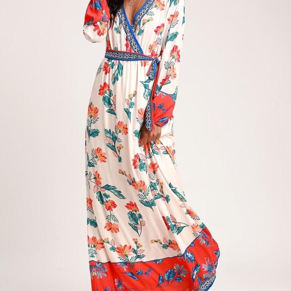 Lulus Sunrise To The Occasion Maxi Dress Cream Print Long Sleeve XL NWT
